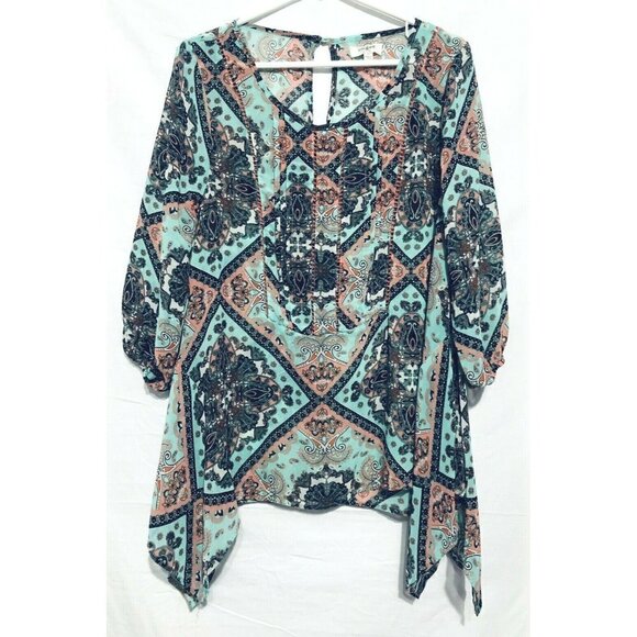 Umgee Womens Small Paisley Print Asymmetrical Hem Peasant Blouse Sheer Boho - Picture 1 of 6